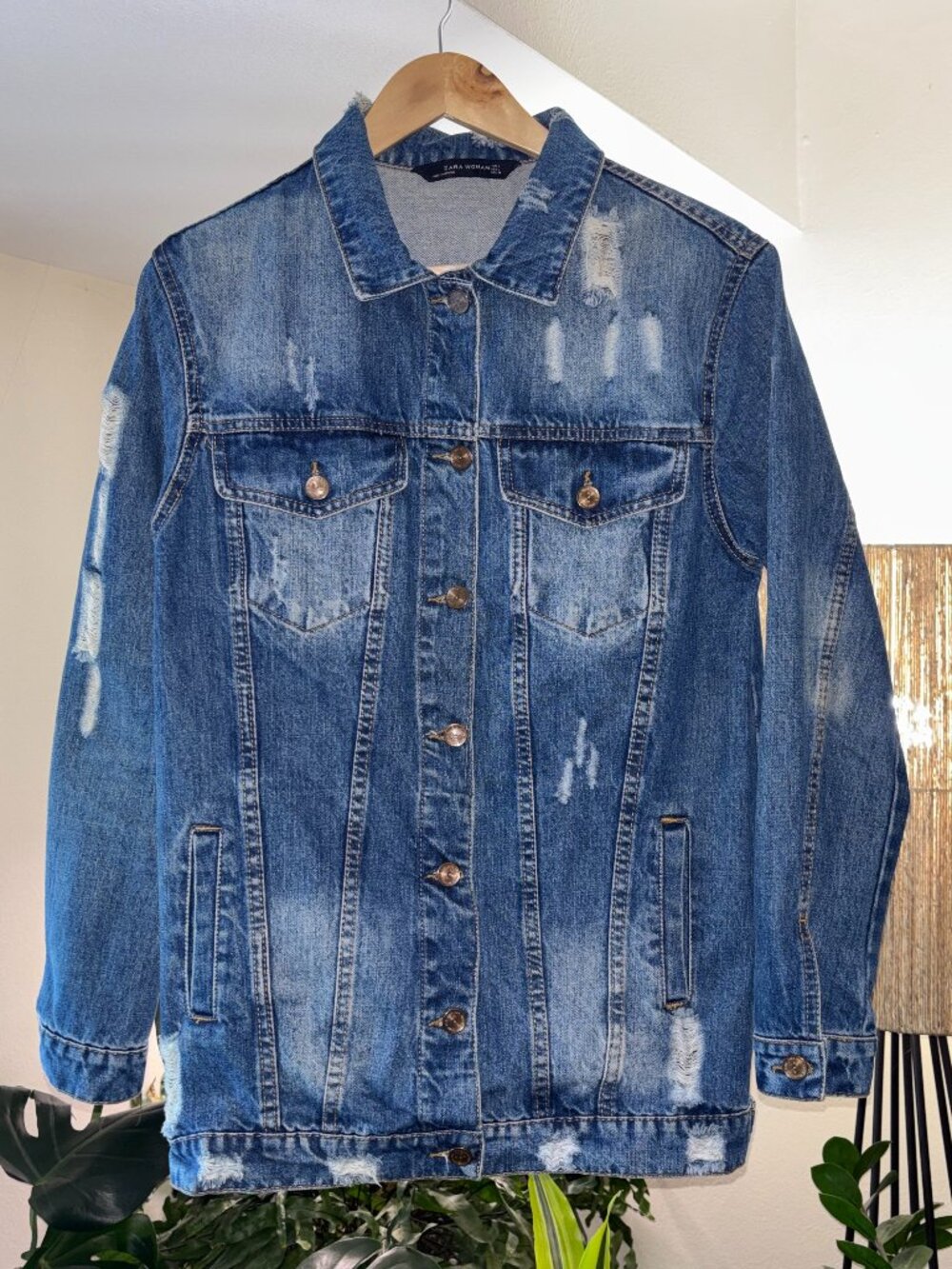 Zara Woman Distressed Denim Jean Jacket Size L Mid Length Blue